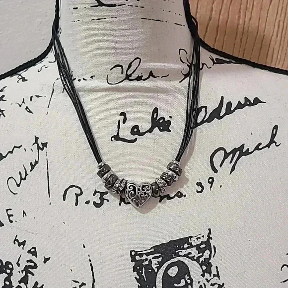 #27 set of 3 necklaces blue green beaded heart cord charm long - Picture 3 of 4